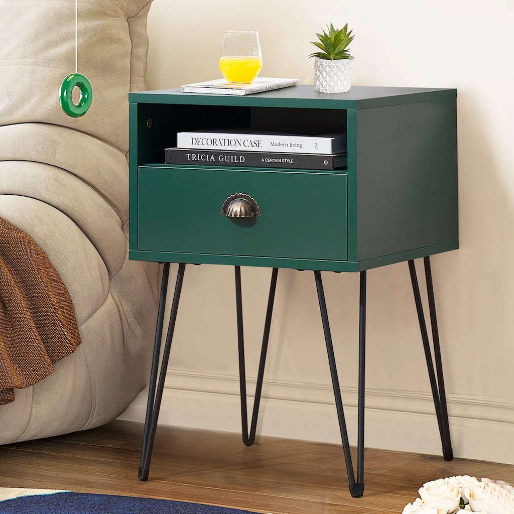 Javlergo Modern Nightstand with1-Drawer and Open Storage Shelf V-Shaped Metal Legs for Bedroom Living Room