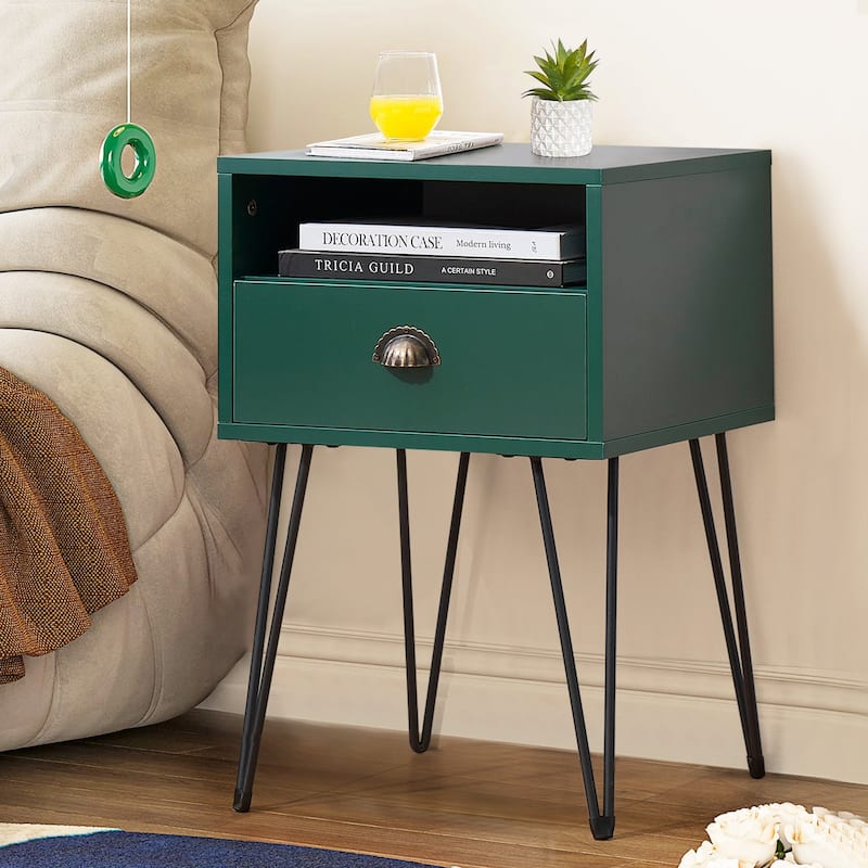 Javlergo Modern Nightstand with1-Drawer and Open Storage Shelf V-Shaped Metal Legs for Bedroom Living Room - Green