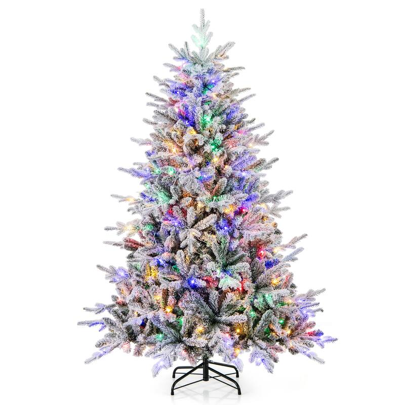 Gymax 4.5/6/7 FT Pre-Lit Artificial Christmas Tree Snow Flocked Full