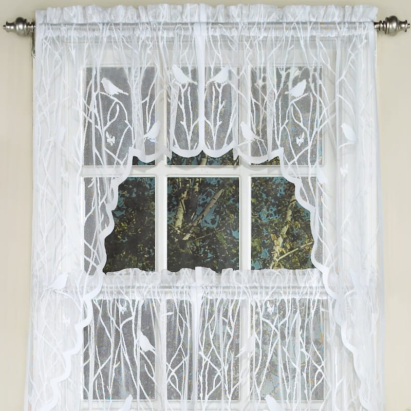 White Knit Lace Bird Motif Window Curtain Tiers, Valance and Swag Pair Options - Swag Pair