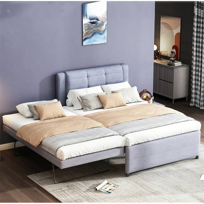 Full Size Upholstered Platform Bed with Pull-Out Trundle, Modern Bed Frame with Headboard, Trundle can be flat or erected - Grey