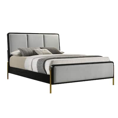 Upholstered Panel Bed with Metal Base in Black and Grey