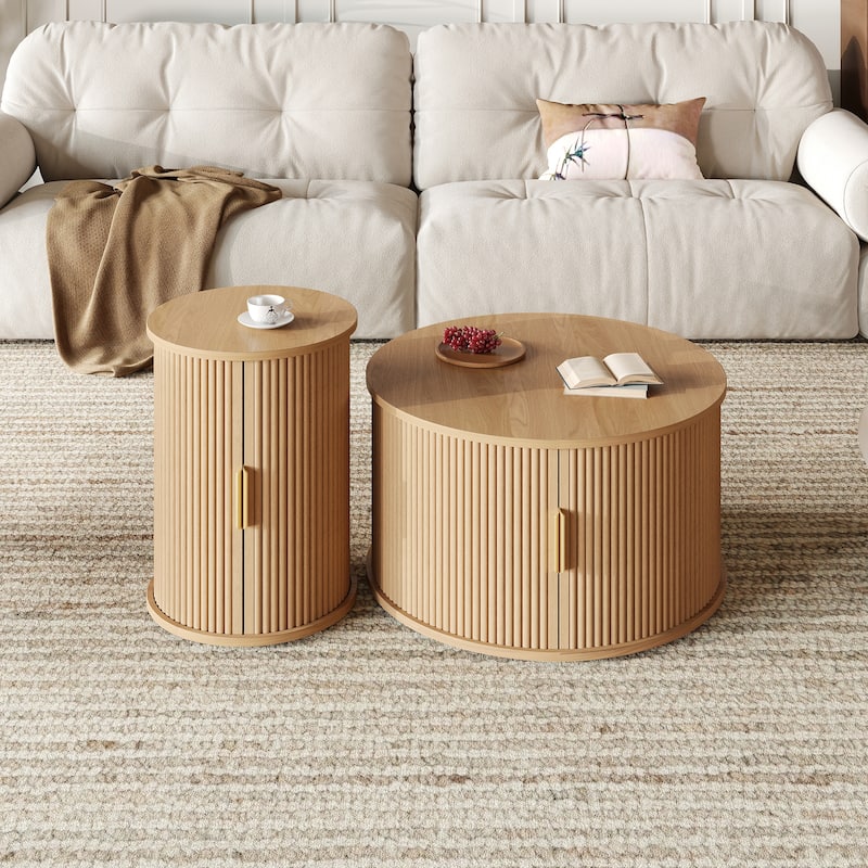 Mid-Century Coffee Table Set of 2 with Sliding Tambour Door, Fluted Design and Golden Handles