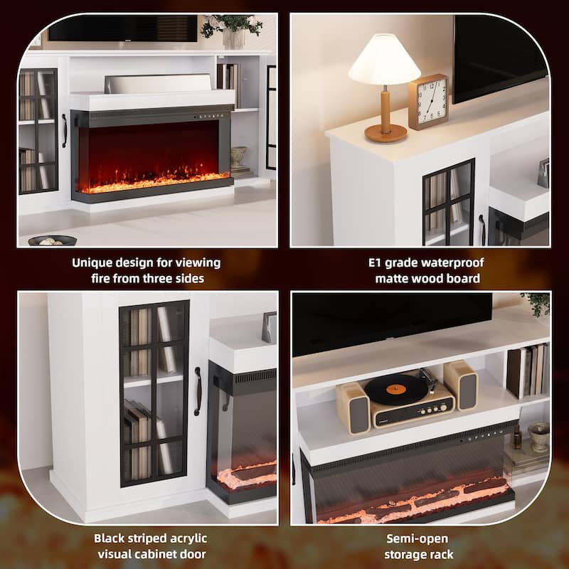 70" Fireplace TV Stand with 3-Sided Glass, ETL Certified, 12 Flame Colors, Realistic Ember Bed, Accommodates TVs up to 80"