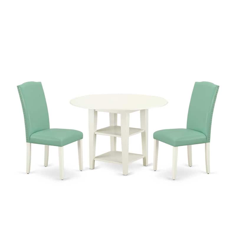 Vintage Dining Set 3Pc Table & 2 Chairs - 20x42" Table w/ Drop Leaves - Linen White Legs - PU Leather Seat