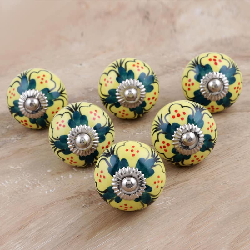Novica Handmade Yellow Flowers Hand Painted Knobs (Set Of 6)