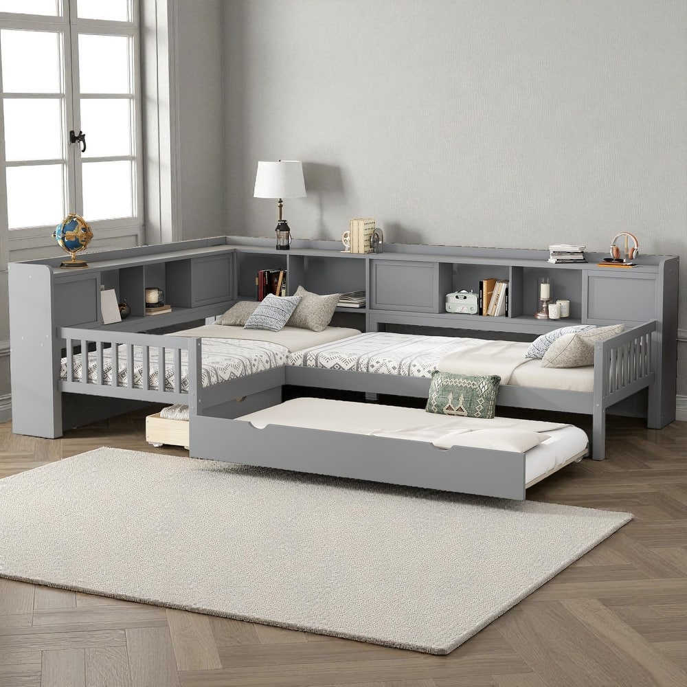 L-Shaped Twin Platform Bed with Trundle, Solid Wood Corner Bed Frame with Drawers and Shelves, No Box Spring Needed