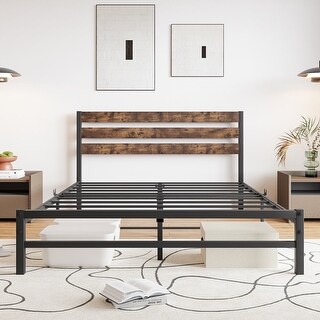 Modern Queen Size Bed Frame with Headboard Rustic Metal Platform Bed Frame, Brown