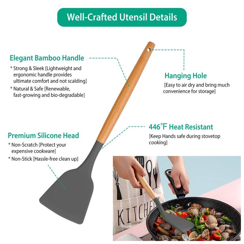 11-Piece Silicone Kitchen Utensil Set Heat-Resistant with Wooden Handles Spatulas Ladle - 4.72 × 4.72 × 6.18 in