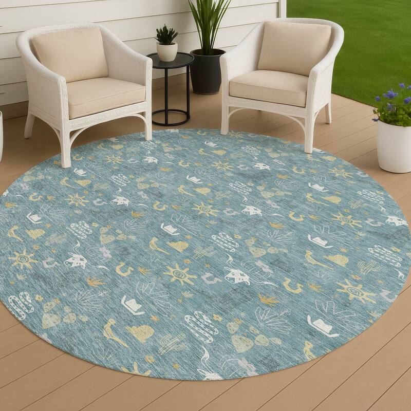 Machine Washable Indoor/ Outdoor Cowboy Ranch Chantille Rug - Teal - 8' x 8'