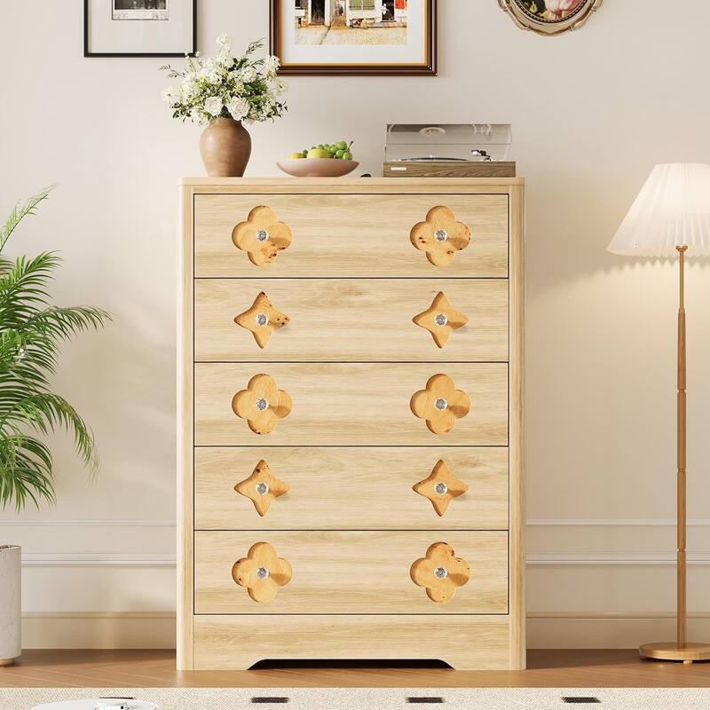 Fluted 5 Drawer Tall Dresser for Bedroom, Living Room, Hallway - Natural