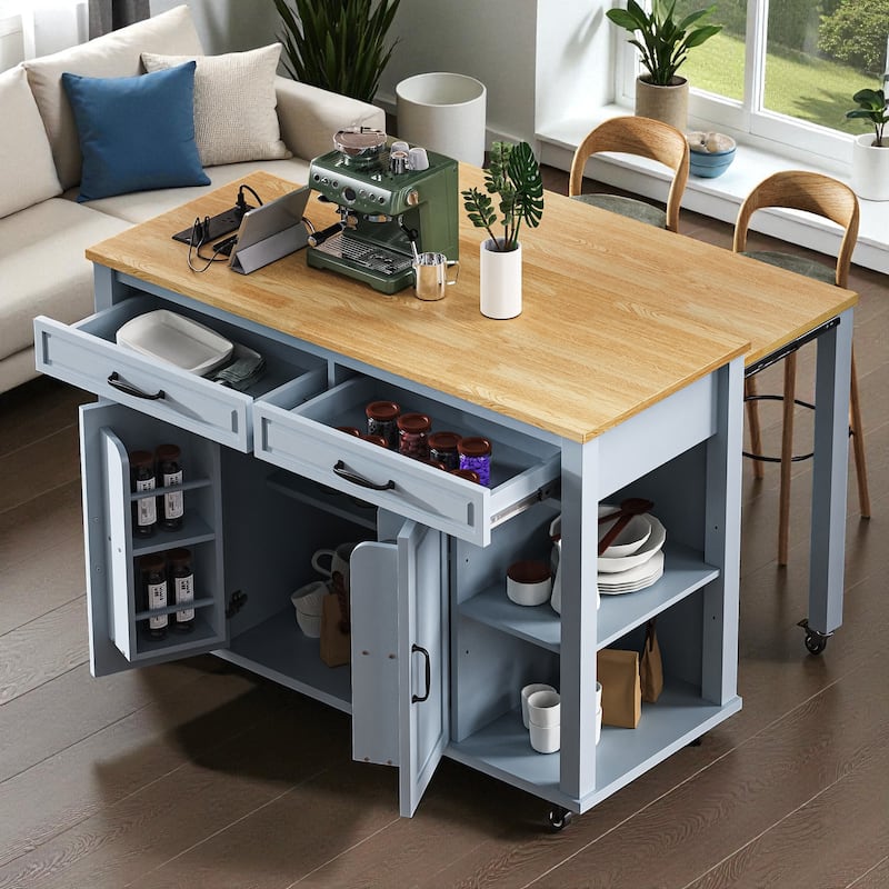 47" Kitchen Island with Extendable Table, Power Outlet, Rubber Wood Top, Storage Cabinet & Drawers - Grey Blue