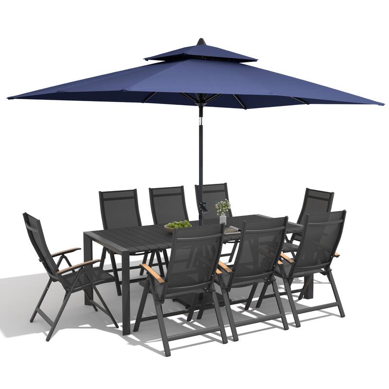 9/11-Piece Outdoor Patio Dining Set Aluminum Dining Table and Chairs w/10 ft Market Umbrella and Base with Wheels