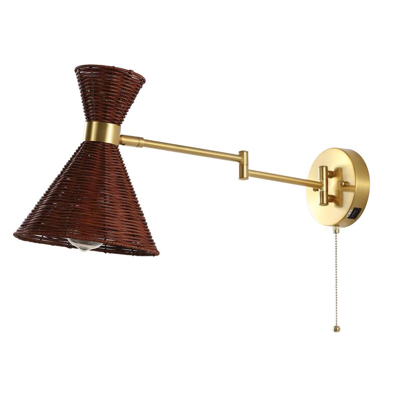 Lyla 25" 1-Light Mid-Century Vintage Retro Rattan/Metal USB Charging Swing Arm LED Sconce with Pull Chain, by JONATHAN Y