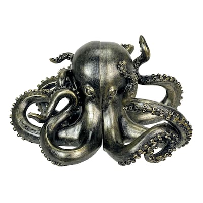 Bronze Octopus Bookends Set Of 2 Nautical Polyresin Coastal Shelf - 5 X 10 X 8 inches