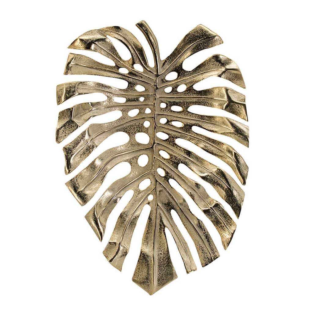 Linzo 19 Inch Aluminum Wall Hanging Bowl, Monstera Leaf, Bright Gold Finish