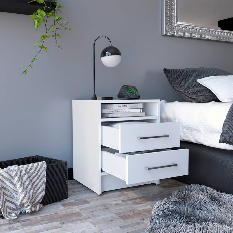 Compact Modern 2-Drawer Nightstand End Table with Superior Top Shelf for Bedroom or Living Room Storage