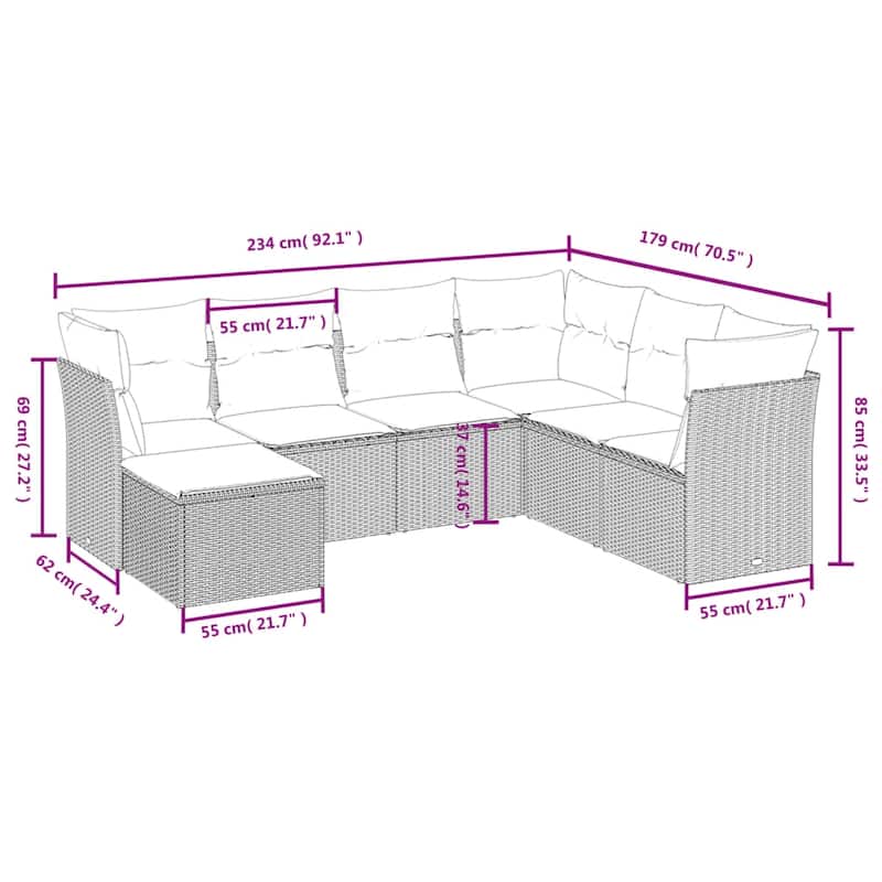 vidaXL Patio Sofa Set with Cushions Outdoor Conversation Furniture Poly Rattan - 24.4" x 24.4" x 27.2"