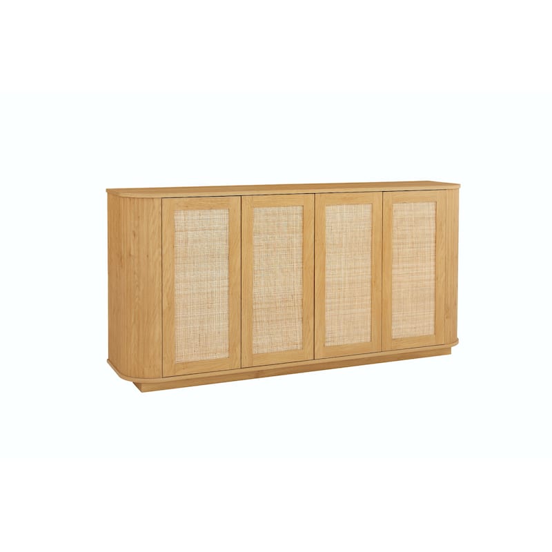 64-Inch Wave Shaped TV Stand, Wood Vertical Striped Cabinet with Rattan Doors