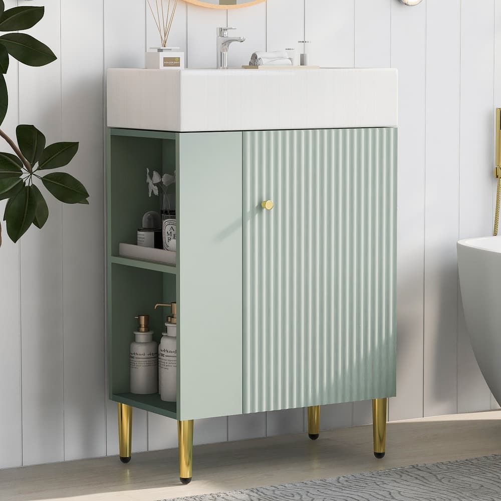 Freestanding Wave-Textured Surface Storage Cabinet Bathroom Vanity with Ceramic Sink, Metal Handle and Left Side Open Storage