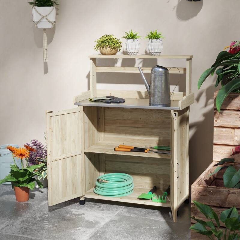 Outsunny Potting Bench, Outdoor Wooden Potting Table with Storage Cabinet, Storage Shelf, Garden Work Bench