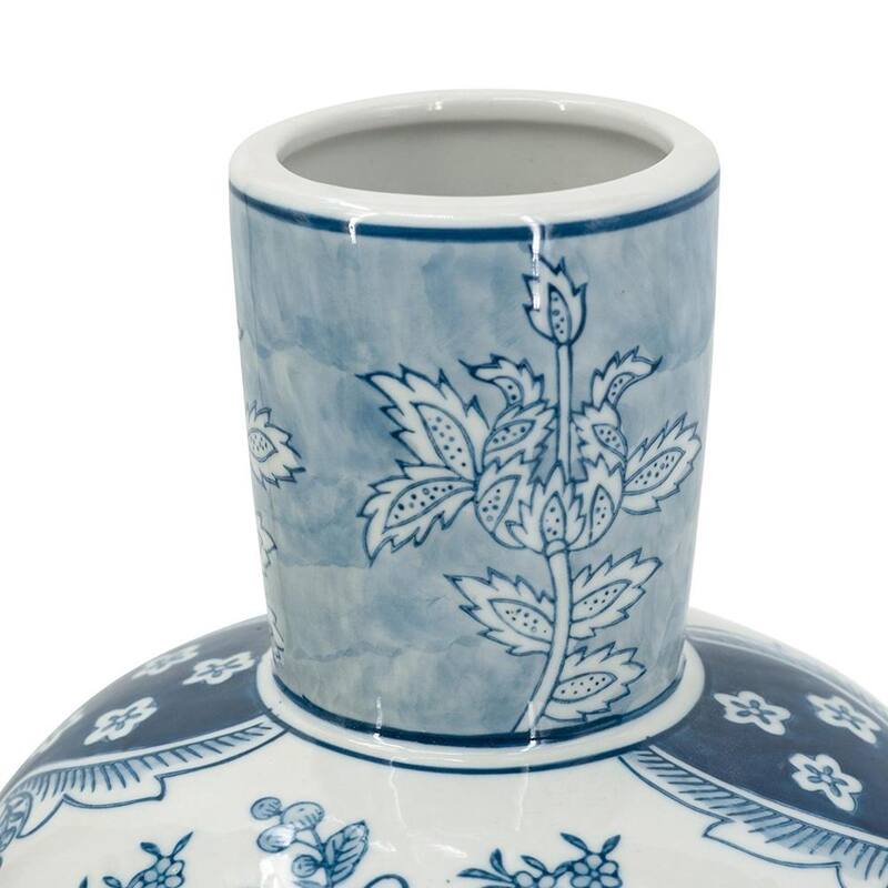 17" Light Blue And White Floral Round Porcelain Table Vase - 8.10