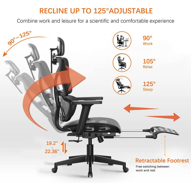 VECELO Swivel Ergonomic High Back Mesh Office Chair with Retractable Footrest Adjustable Backrest Tilt Function