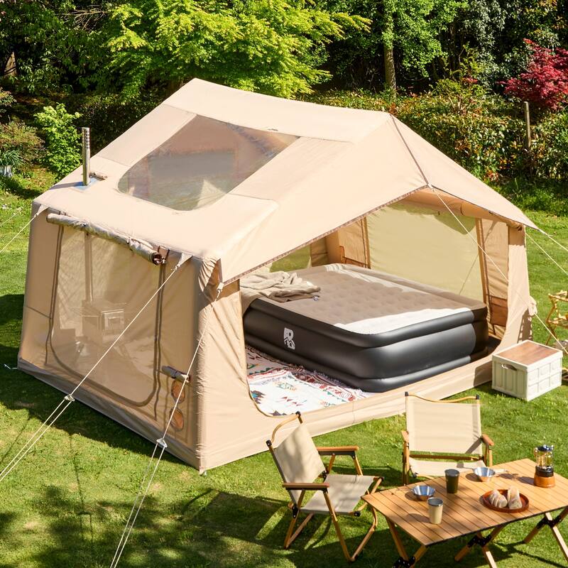 Erommy Inflatable Camping Tent, Glamping Tents 4 Season Waterproof Windproof Cotton Tent with Stove Jack & Mesh Windows & Pump