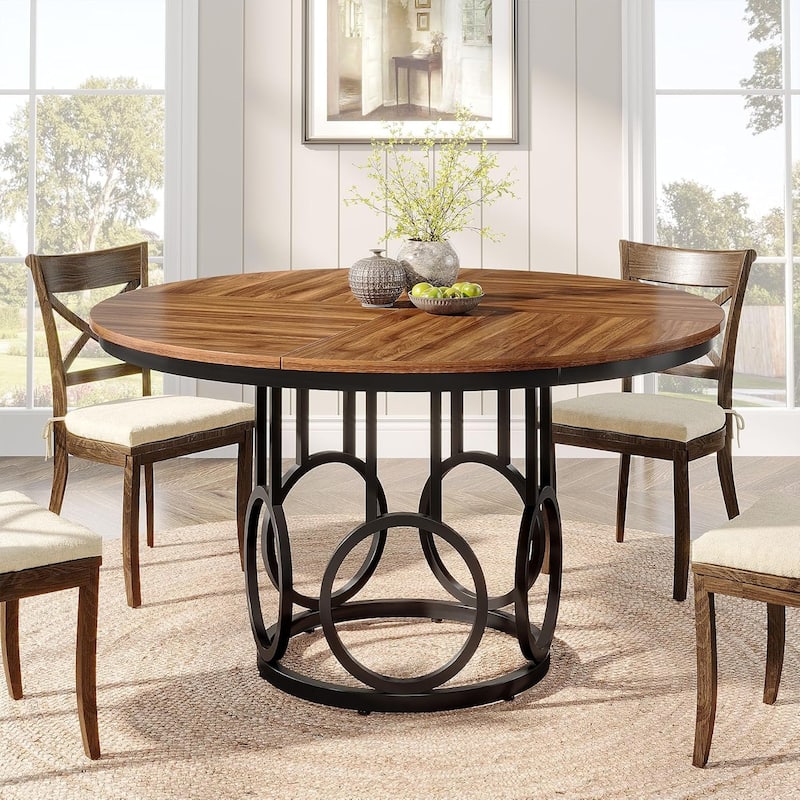 47 Inches Round Dining Table with Sturdy Metal Base for 4-6 People - Brown