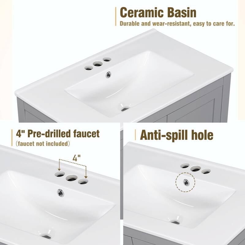 36"/30" Bathroom Vanity with Ceramic Sink, Soft-Close Doors, Double Storage Shelves & Divided Drawer