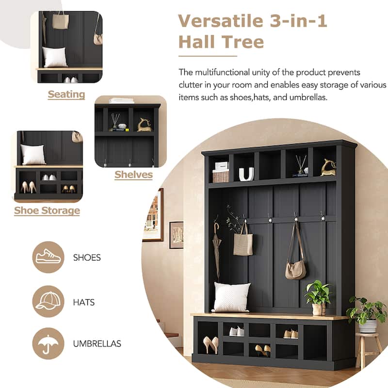 Hall Tree Storage Cabinet with 4 Hidden Hooks, Bench, and Open Compartments