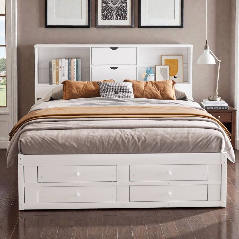 Platform Bed with Headboard Storage and 8 Drawers, Wood Bed Frame with Shelves and No Box Spring Needed - White - King