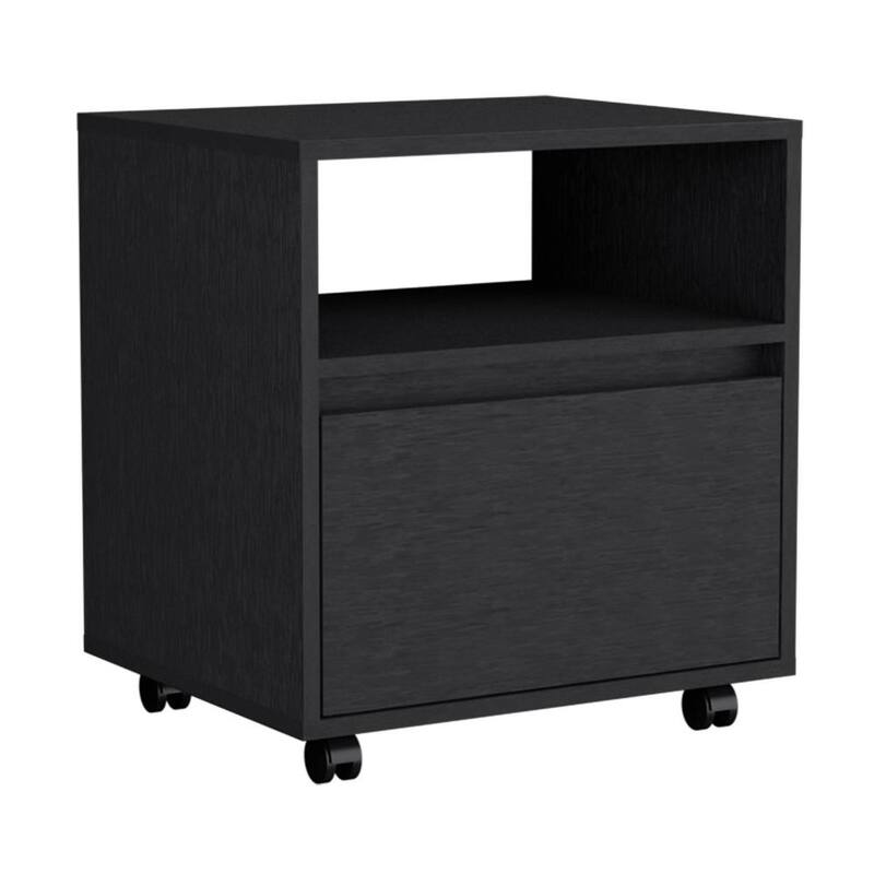 Modern Black Nightstand with Drawer and Casters, Space-Saving End Table for Bedroom or Living Room