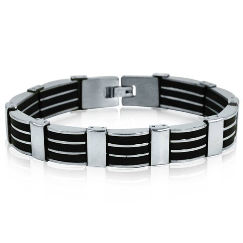 Oxford Ivy Men's Stainless Steel 3-Row Black Rubber Bracelet 8 1/4 inches