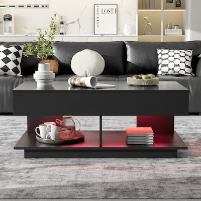 Extendable Coffee Table End Table with 16-Color LED Lighting, Central Coffee Table with Hidden Storage