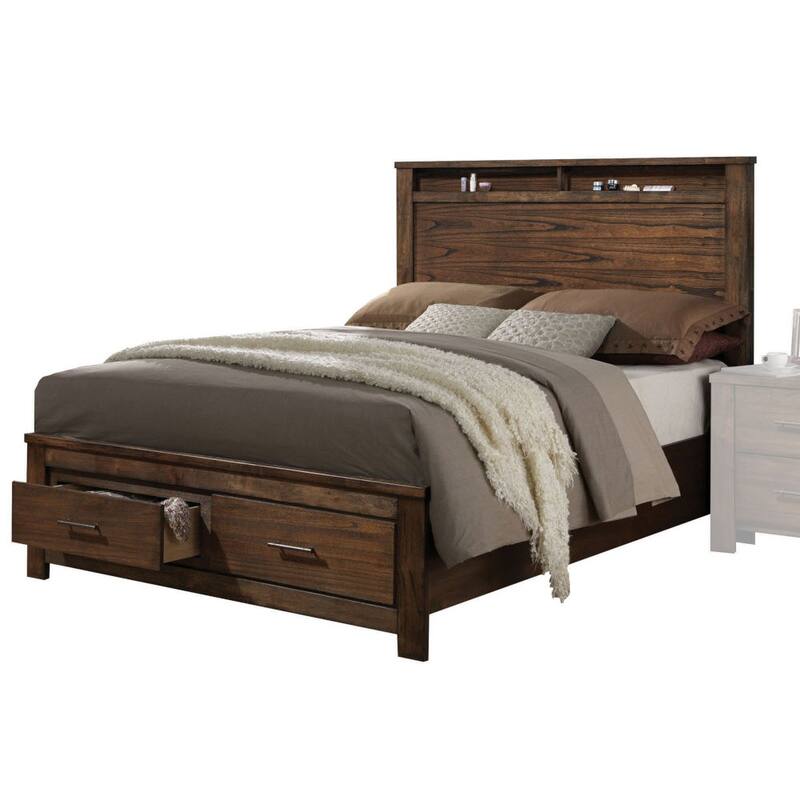 Queen Size Synthetic Wood Storage Bed with 4 Drawers and Shelf Headboard