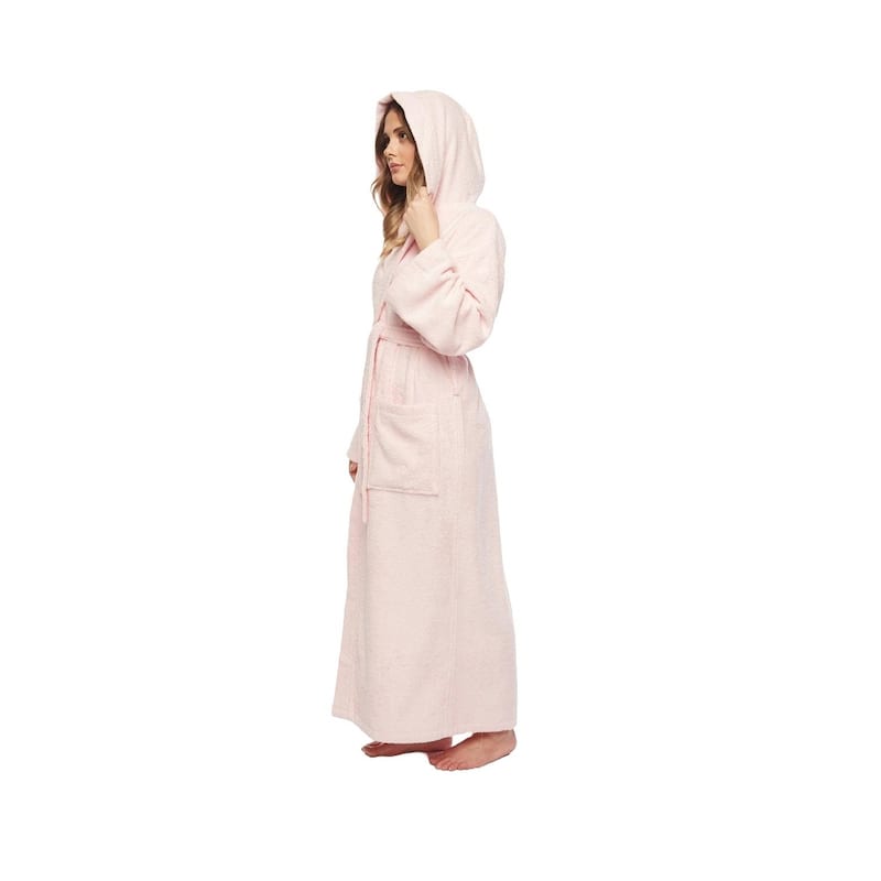 Women's Hooded Long Bathrobe Terry Cotton - Full Ankle Length Spa Robe