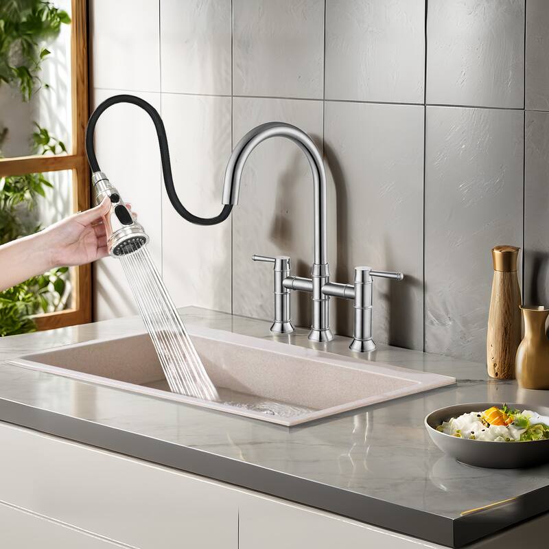 Stainless Steel Bridge Kitchen Faucet with Pull Down Sprayer