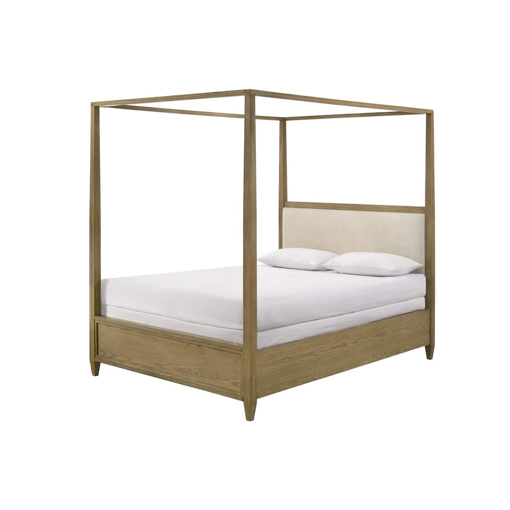 Queen Size Wood Canopy Bed with Upholstered Headboard and Rustic Modern Design