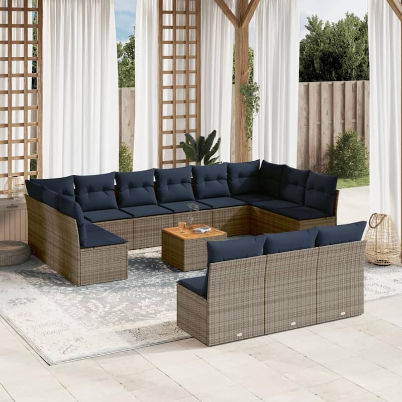 vidaXL Patio Sofa Set with Cushions Outdoor Furniture 14 Piece Poly Rattan - 24.4x 24.4x 27.2 - Grey and Blue