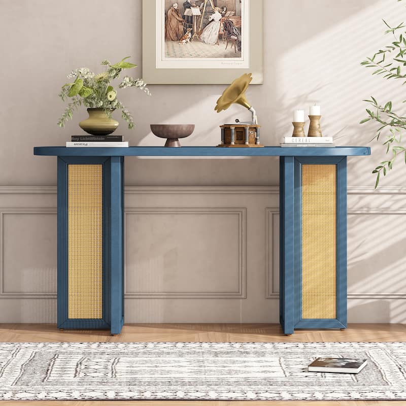 Boho Rattan Console Table, 47.8" Entryway Sofa Table with Oval Top, Narrow Hallway Table for Living Room, Entrance