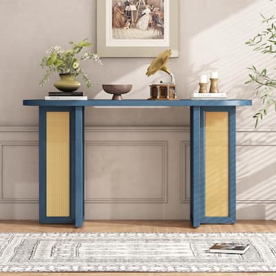 Farmhouse Rattan Console Table with Oval Top, Narrow Entryway Table Hallway Table Living Room Accent Table