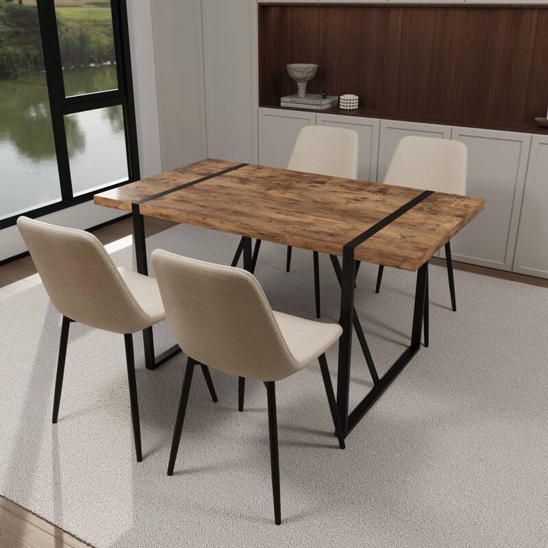 MDF dark wood dining table and modern dining chair 4-piece set, medieval wooden kitchen dining table set, rectangular metal base