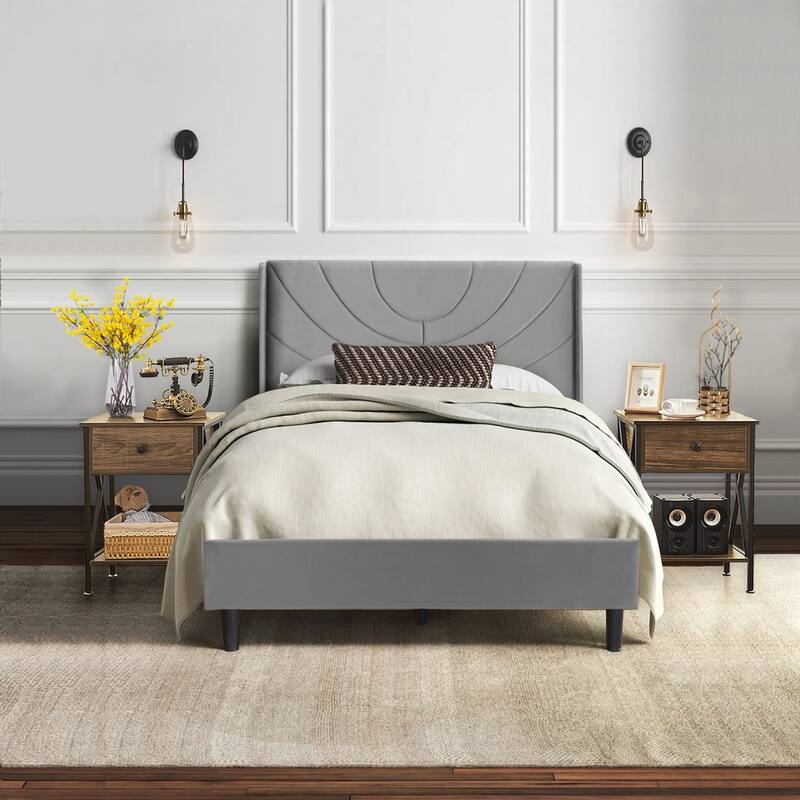 VECELO Bedroom Sets 3-pieces Bedroom Set with Height Adjustable Upholstered Bed and Nightstands Set of 2 - Brown - Twin