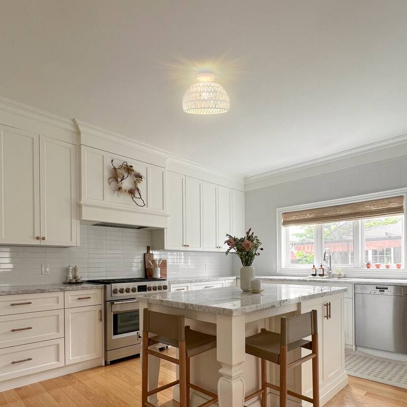 Semi Flush Mount Rattan Light Fixture Woven Ceiling Light Fixture - 2-Light