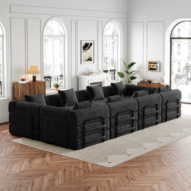 8 Seater Folding Couch Modular Chenille Sectional Sofa Freely Combined Sleeper Sofa Bed with Storage Pockets and Anti-slip Pads