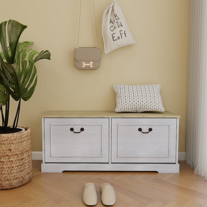 2-Drawer Flip-Down Shoe Bench with Adjustable Shelf