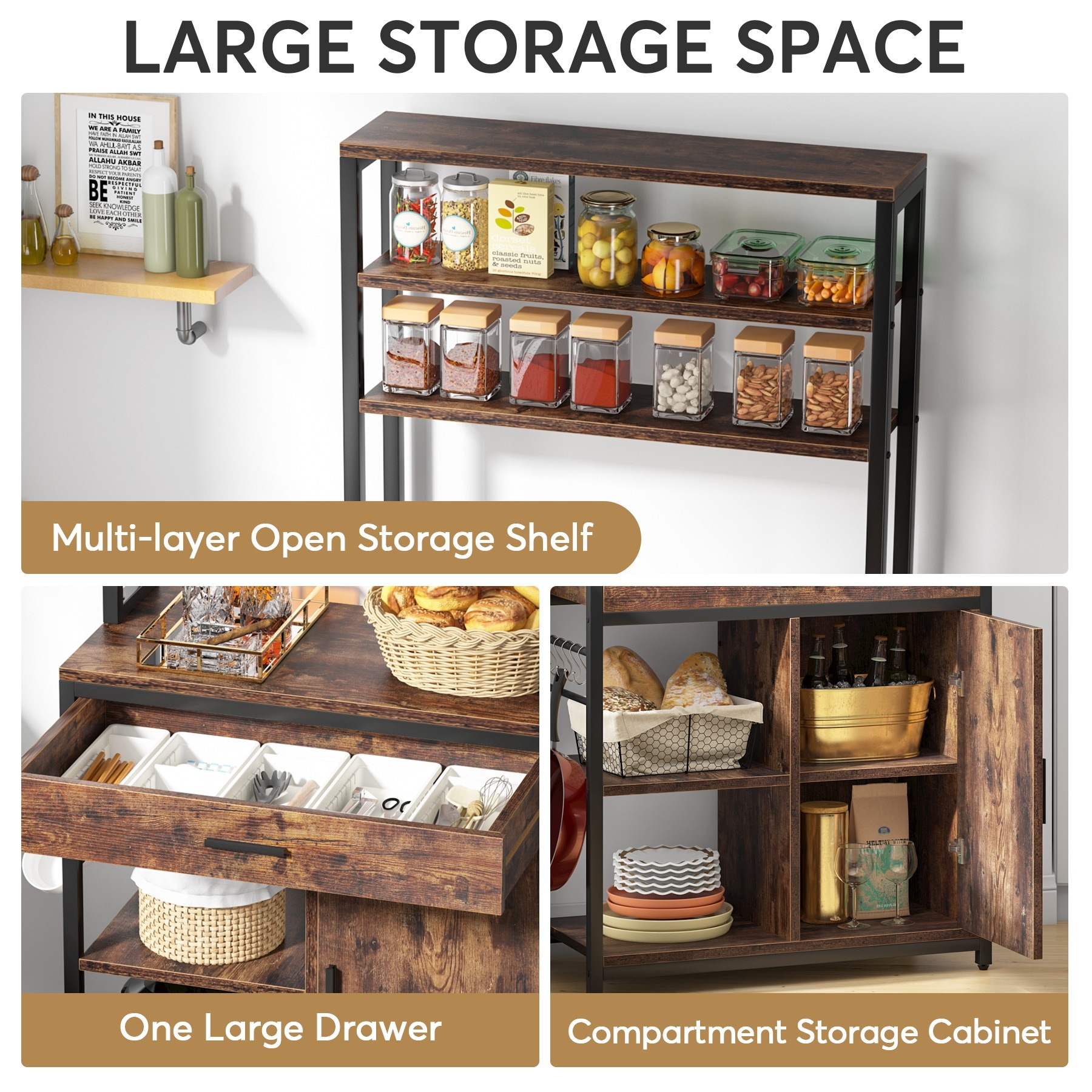 Brown/ Black Industrial 6-Tier Kitchen Bakers Rack With Hutch