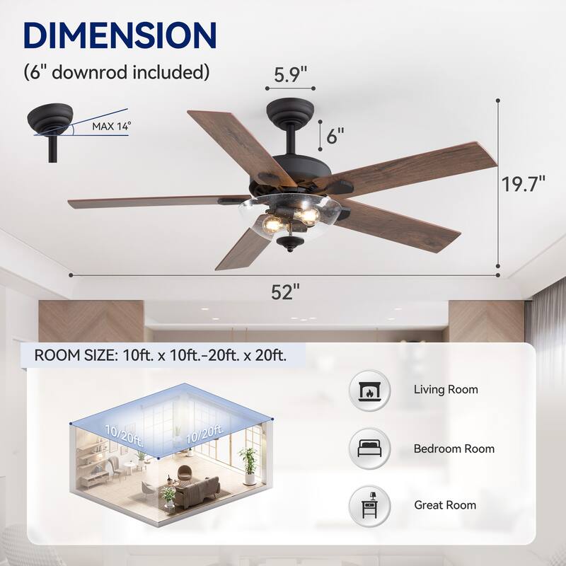52" Reversible 5-Blade Glass Shade Ceiling Fan with Light and Remote