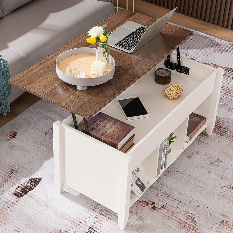 Lift Top Coffee Table with Hidden Compartment - 19.5"D x 40"W x 19.3"H - White